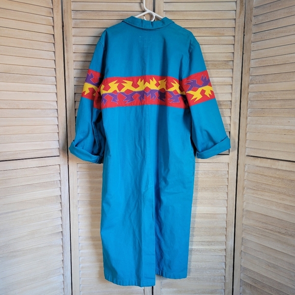Vintage Buffalo Sun Blue Red Western Aztec Long Trench Denim Coat Jacket Large - Picture 2 of 7